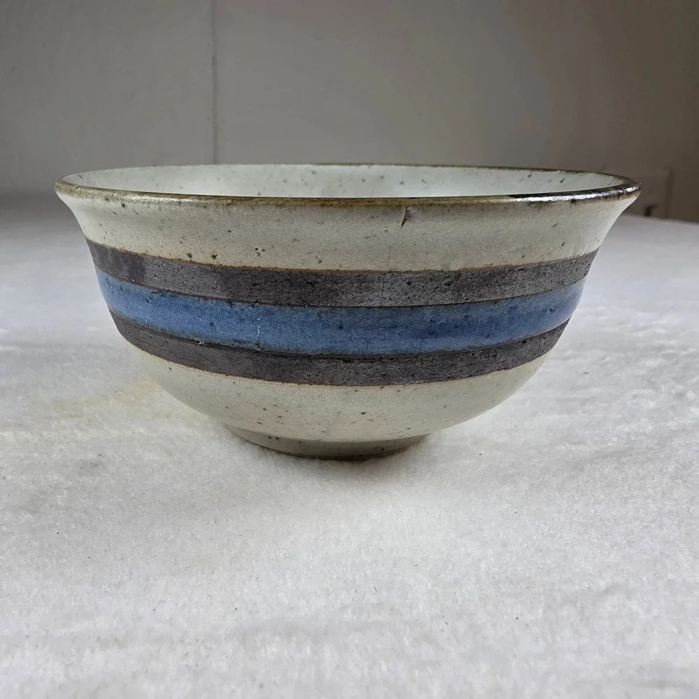 Vintage Studio Pottery Stoneware‎ Bowl Blue Gray Striped Speckled Glaze 4.75